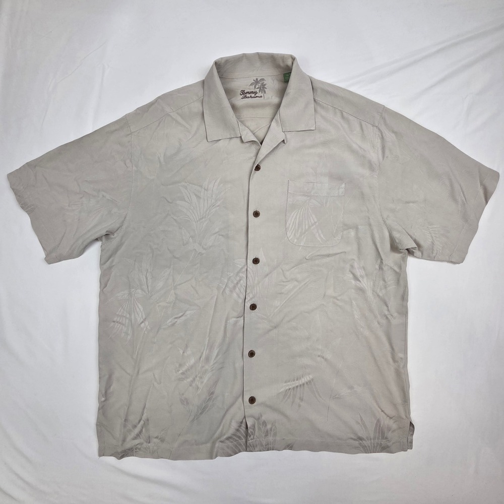 Tommy Bahama Mens Silk Tropical Leaf Camp Shirt XL Tan Short Sleeve Casual